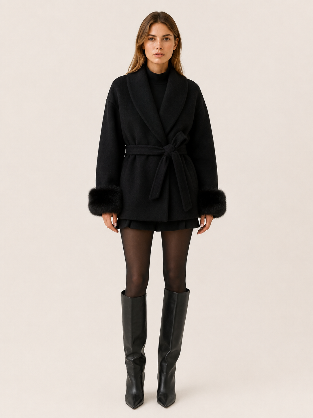 Women's Faux Fur Collar Belted Wrap Coat - Black