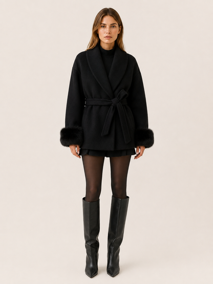 Women's Faux Fur Collar Belted Wrap Coat - Black