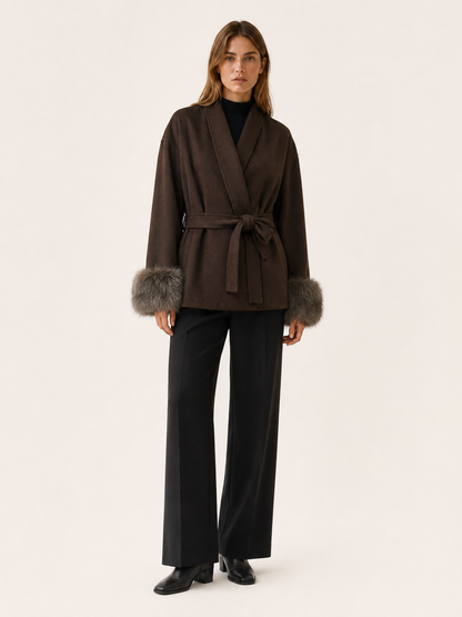 Women's Faux Fur Collar Belted Wrap Coat - Brown