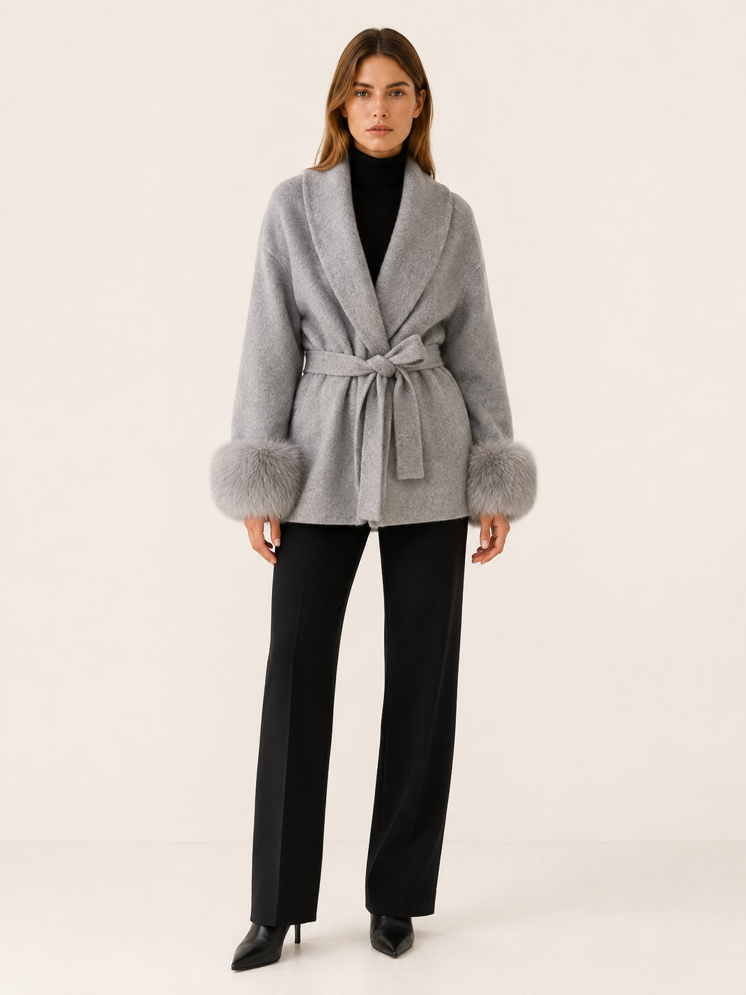 Women's Faux Fur Collar Belted Wrap Coat - Gray