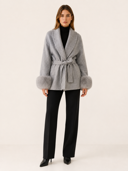 Women's Faux Fur Collar Belted Wrap Coat - Gray