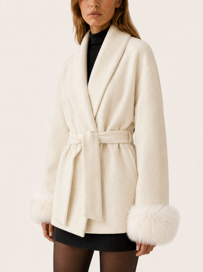 Women's Faux Fur Collar Belted Wrap Coat - Ivory