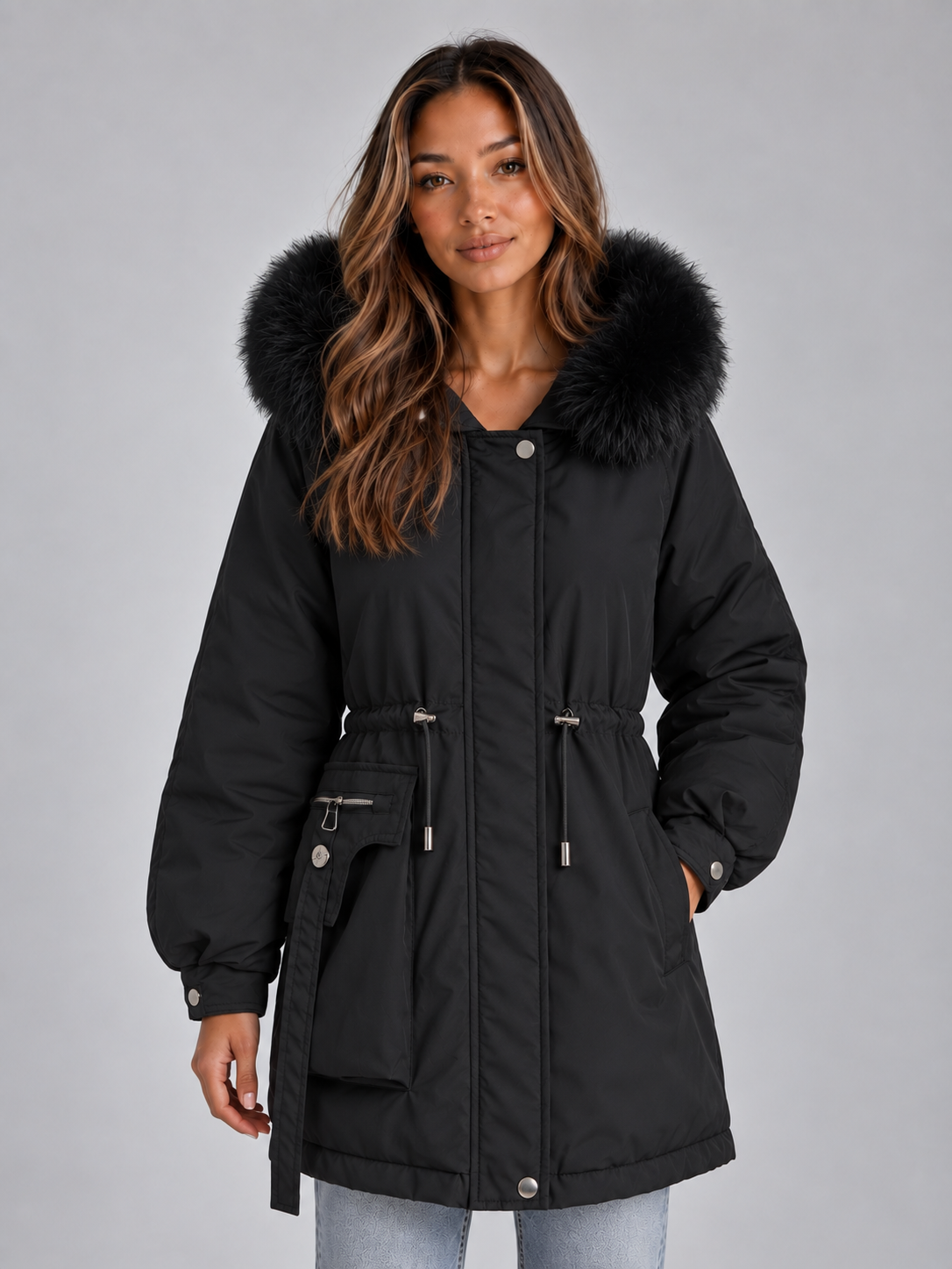 Women's Faux Fur Collar Drawstring Parka Coat - Black