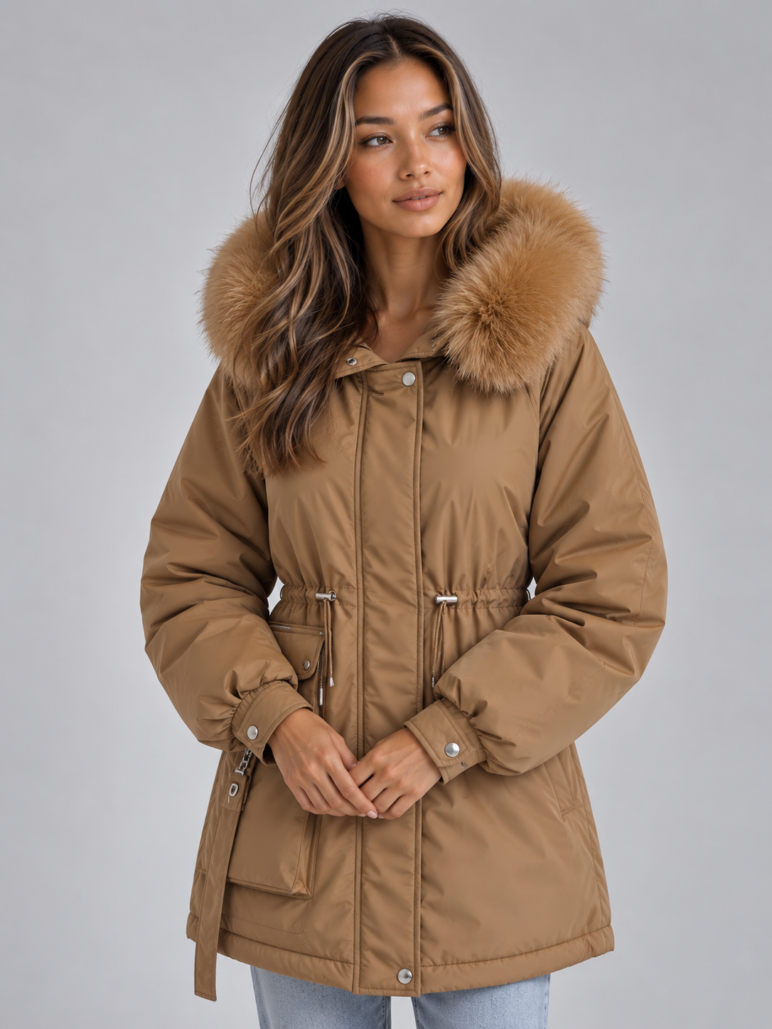 Women's Faux Fur Collar Drawstring Parka Coat - Brown