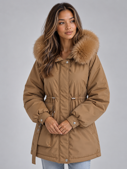 Women's Faux Fur Collar Drawstring Parka Coat - Brown