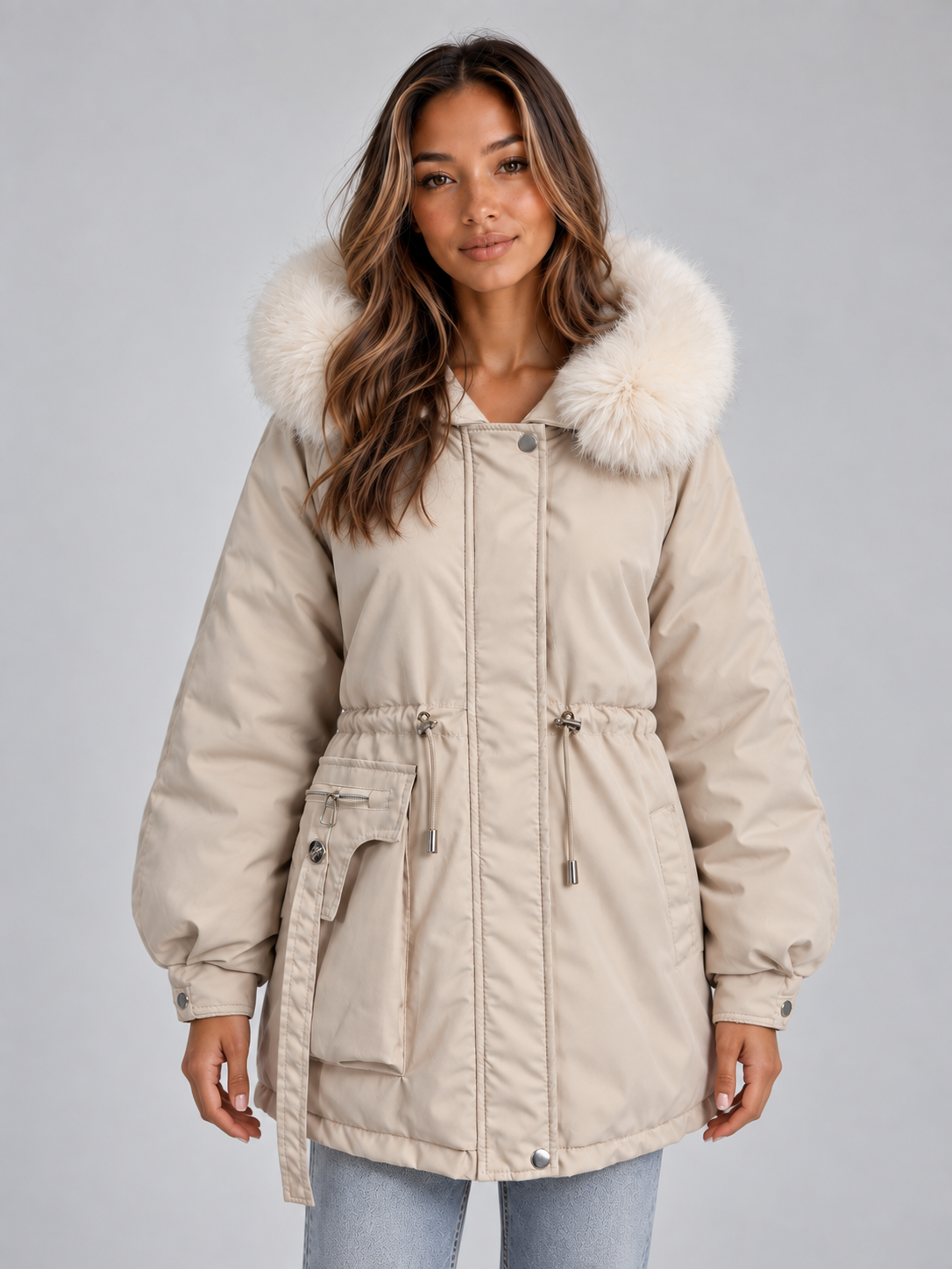 Women's Faux Fur Collar Drawstring Parka Coat - Cream