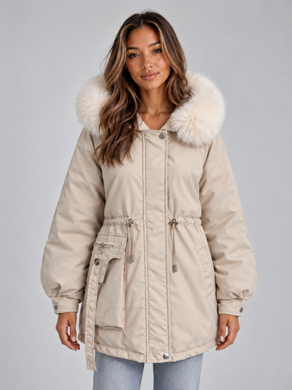 Women's Faux Fur Collar Drawstring Parka Coat - Cream