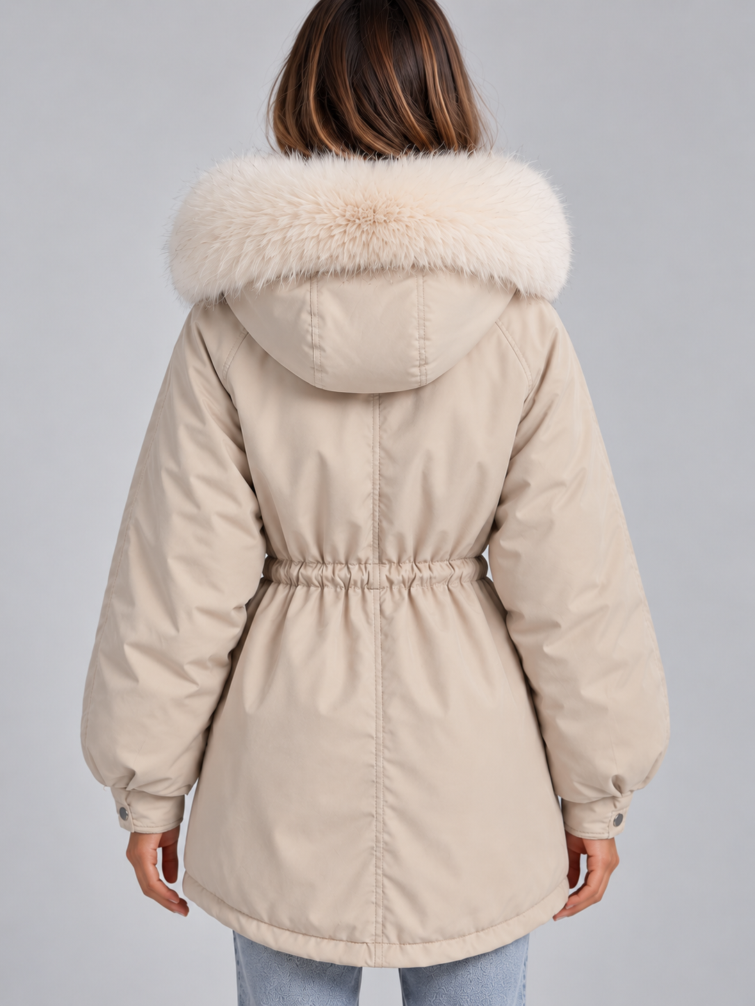 Women's Faux Fur Collar Drawstring Parka Coat - Cream