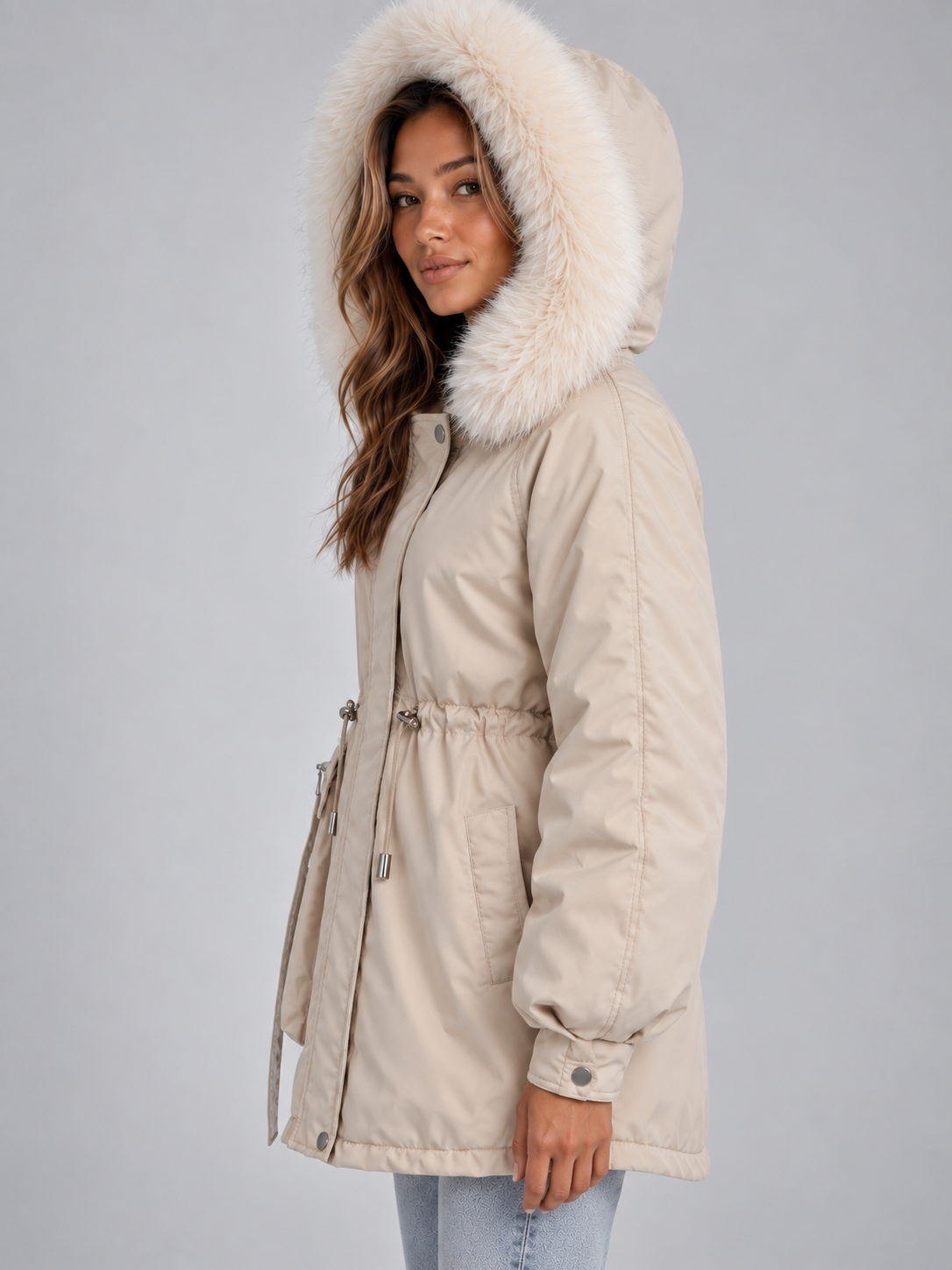 Women's Faux Fur Collar Drawstring Parka Coat - Cream