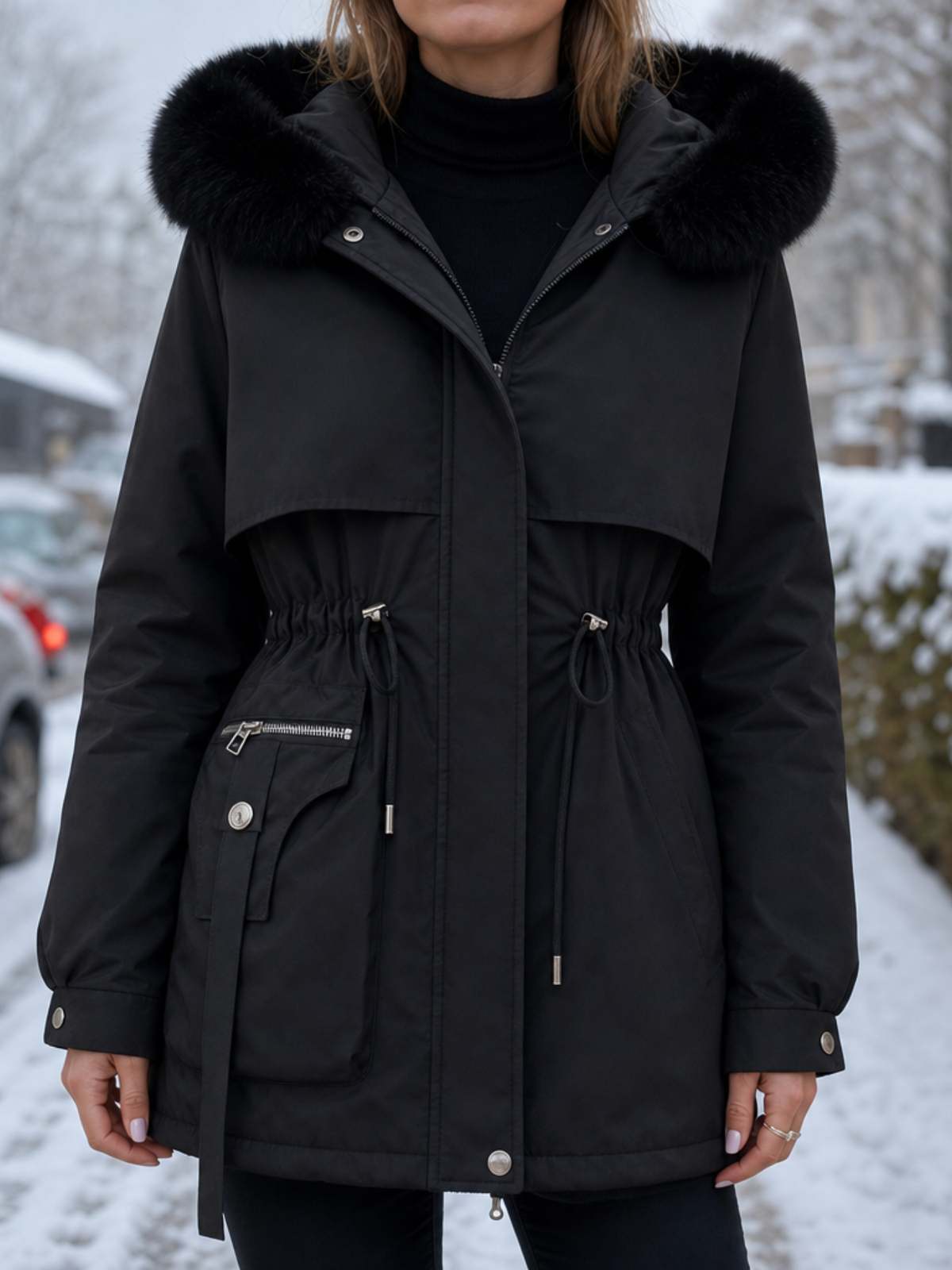 Women's Faux Fur Hood Puffer Coat - Black