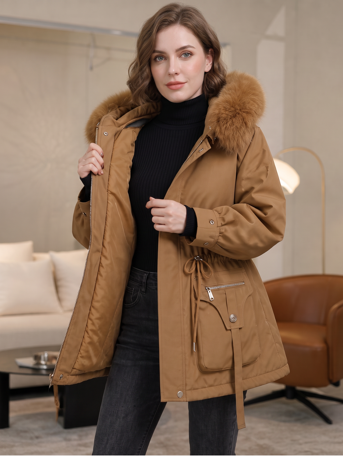 Women's Faux Fur Hood Puffer Coat - Brown