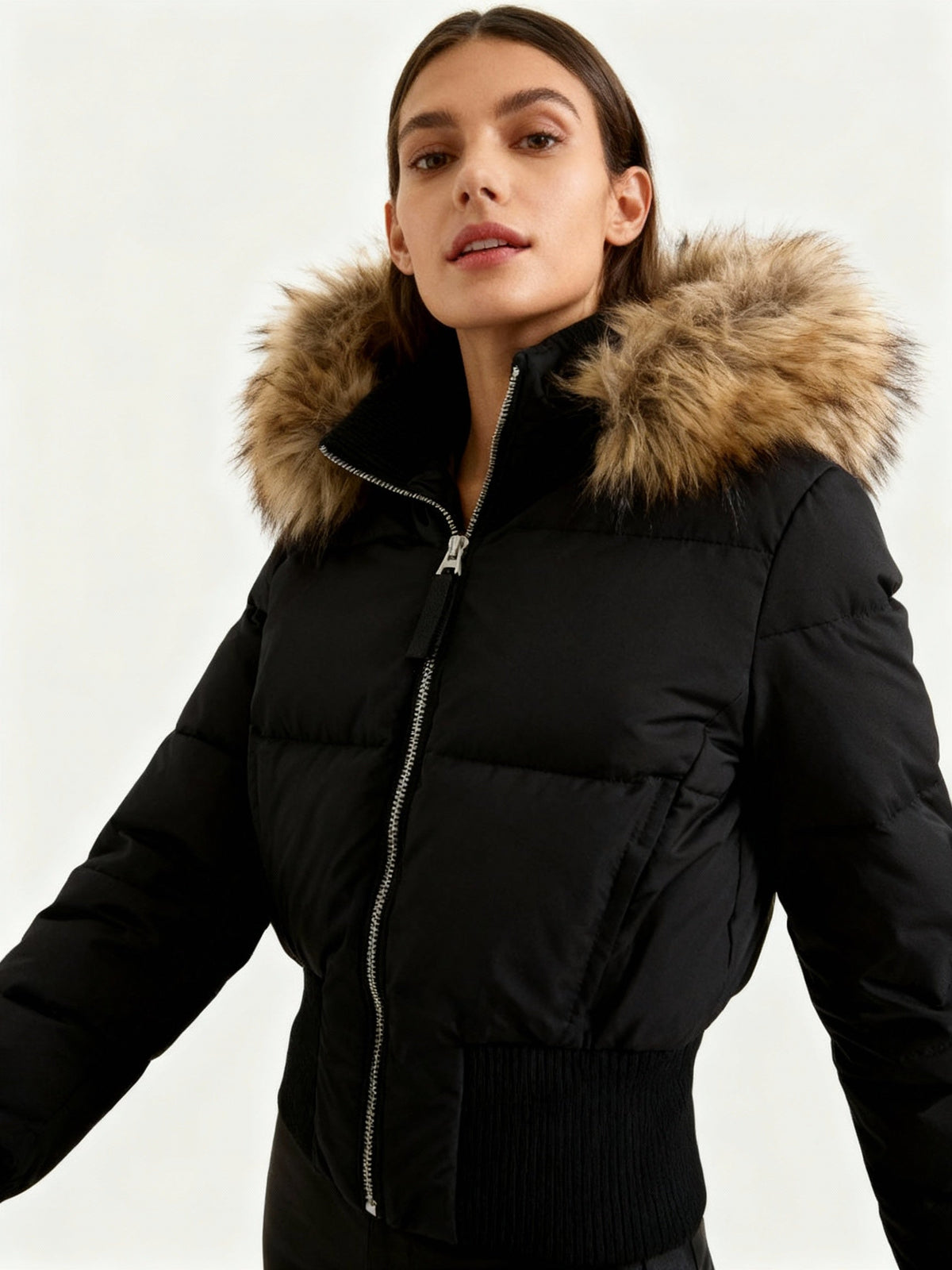 Women's Faux Fur Hooded Cropped Puffer Jacket - Black