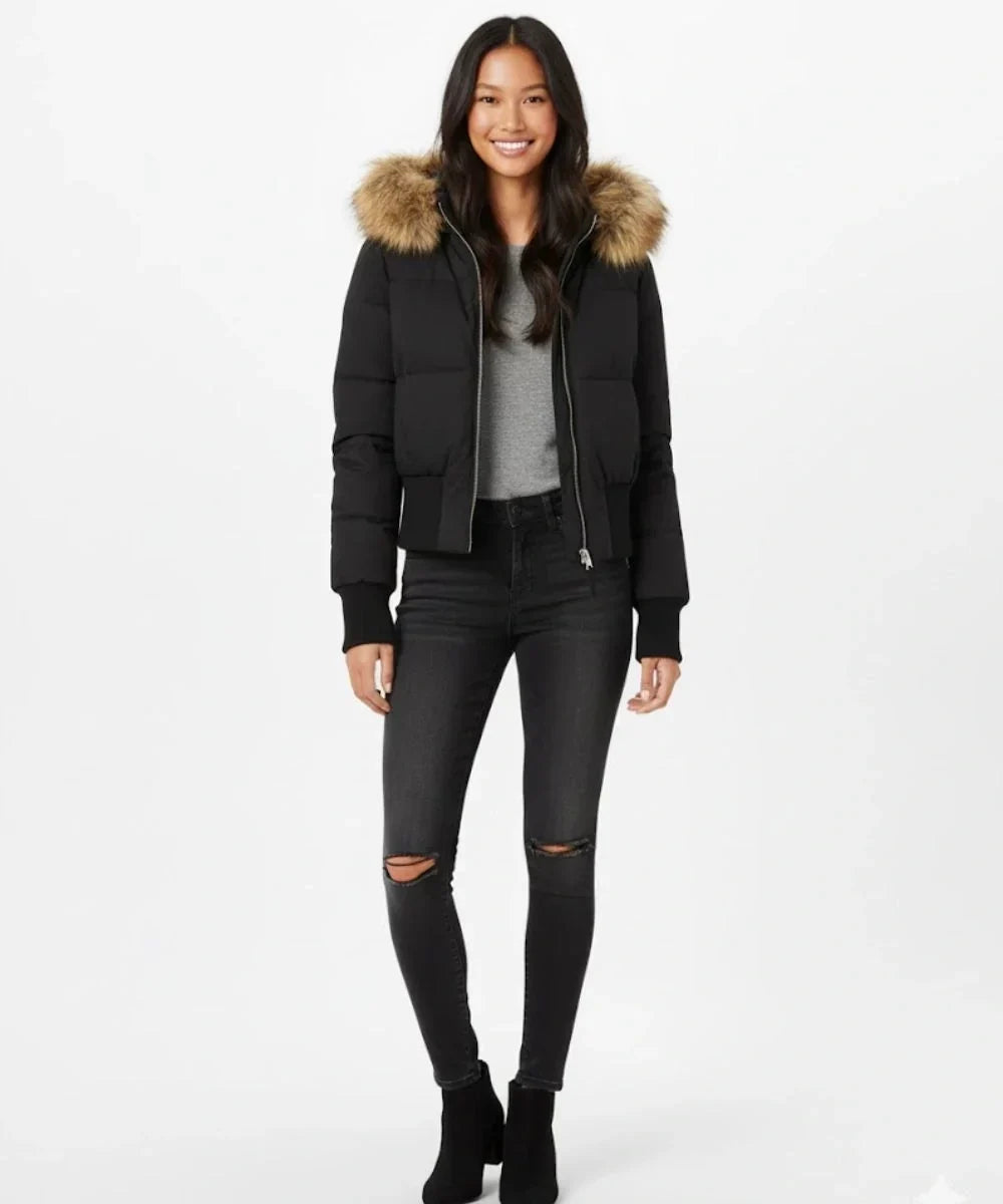 Women's Faux Fur Hooded Cropped Puffer Jacket - Black