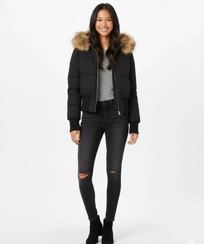 Women's Faux Fur Hooded Cropped Puffer Jacket - Black