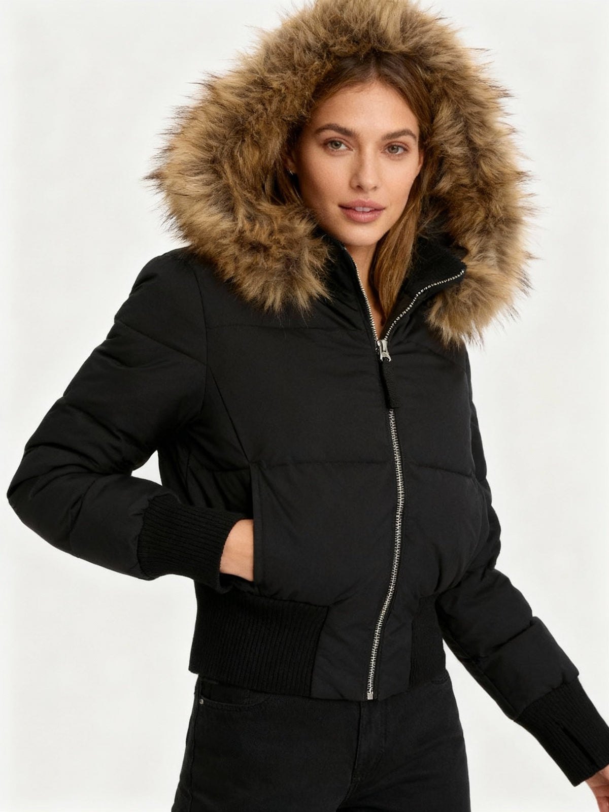 Women's Faux Fur Hooded Cropped Puffer Jacket - Black