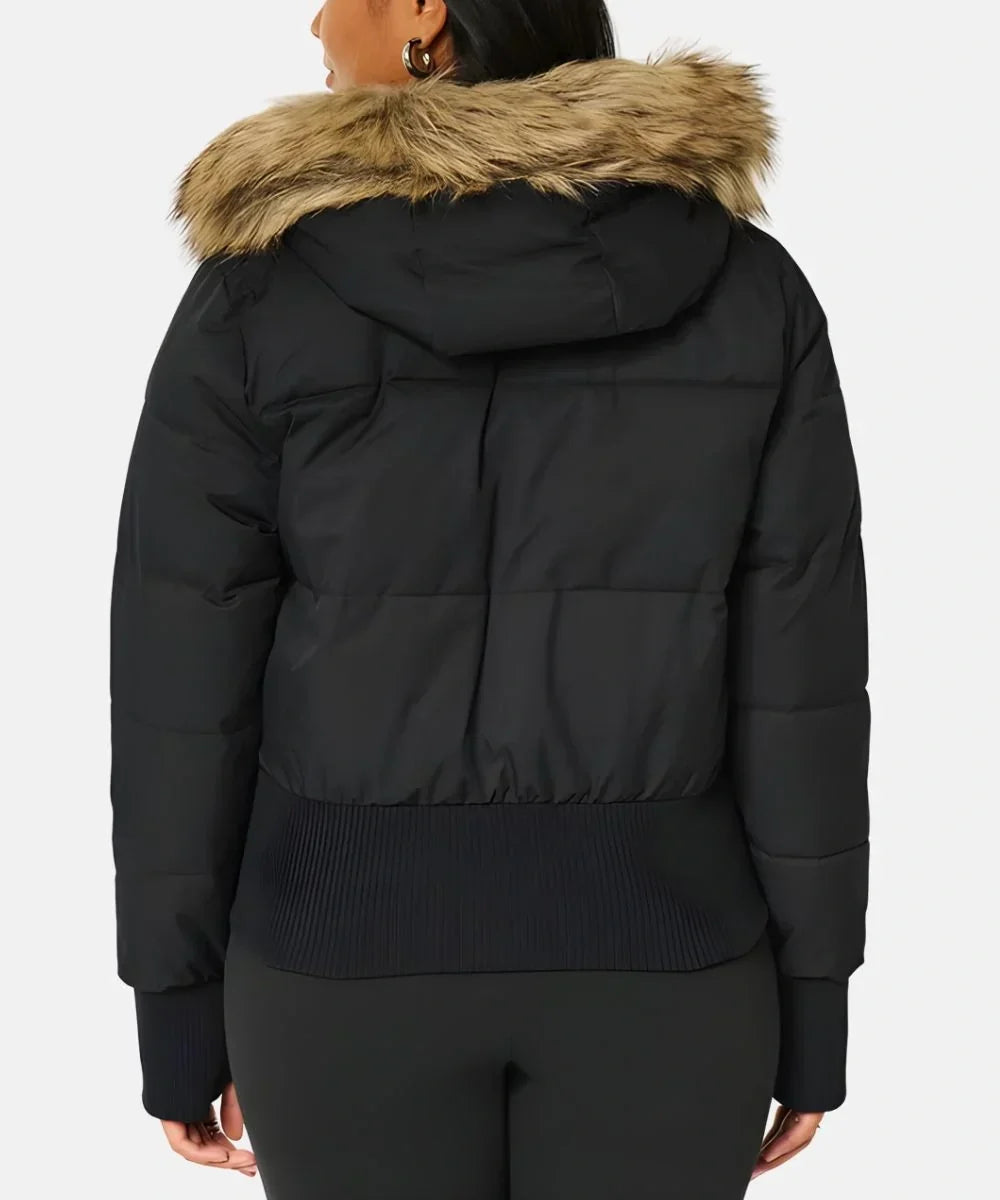 Women's Faux Fur Hooded Cropped Puffer Jacket - Black