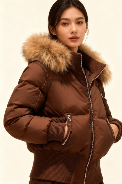 Women's Faux Fur Hooded Cropped Puffer Jacket - Brown