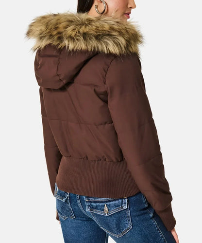Women's Faux Fur Hooded Cropped Puffer Jacket - Brown