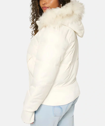 Women's Faux Fur Hooded Cropped Puffer Jacket - Ivory