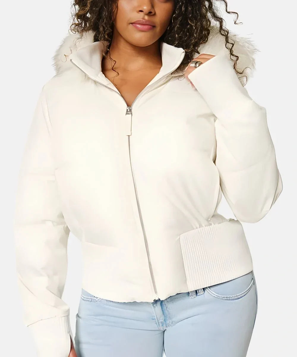 Women's Faux Fur Hooded Cropped Puffer Jacket - Ivory