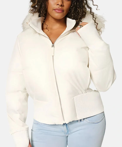 Women's Faux Fur Hooded Cropped Puffer Jacket - Ivory
