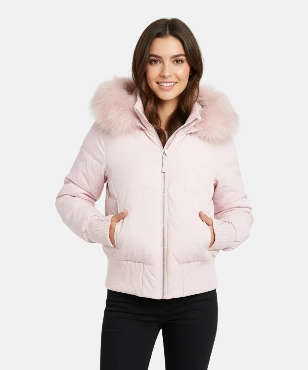 Women's Faux Fur Hooded Cropped Puffer Jacket - Pink