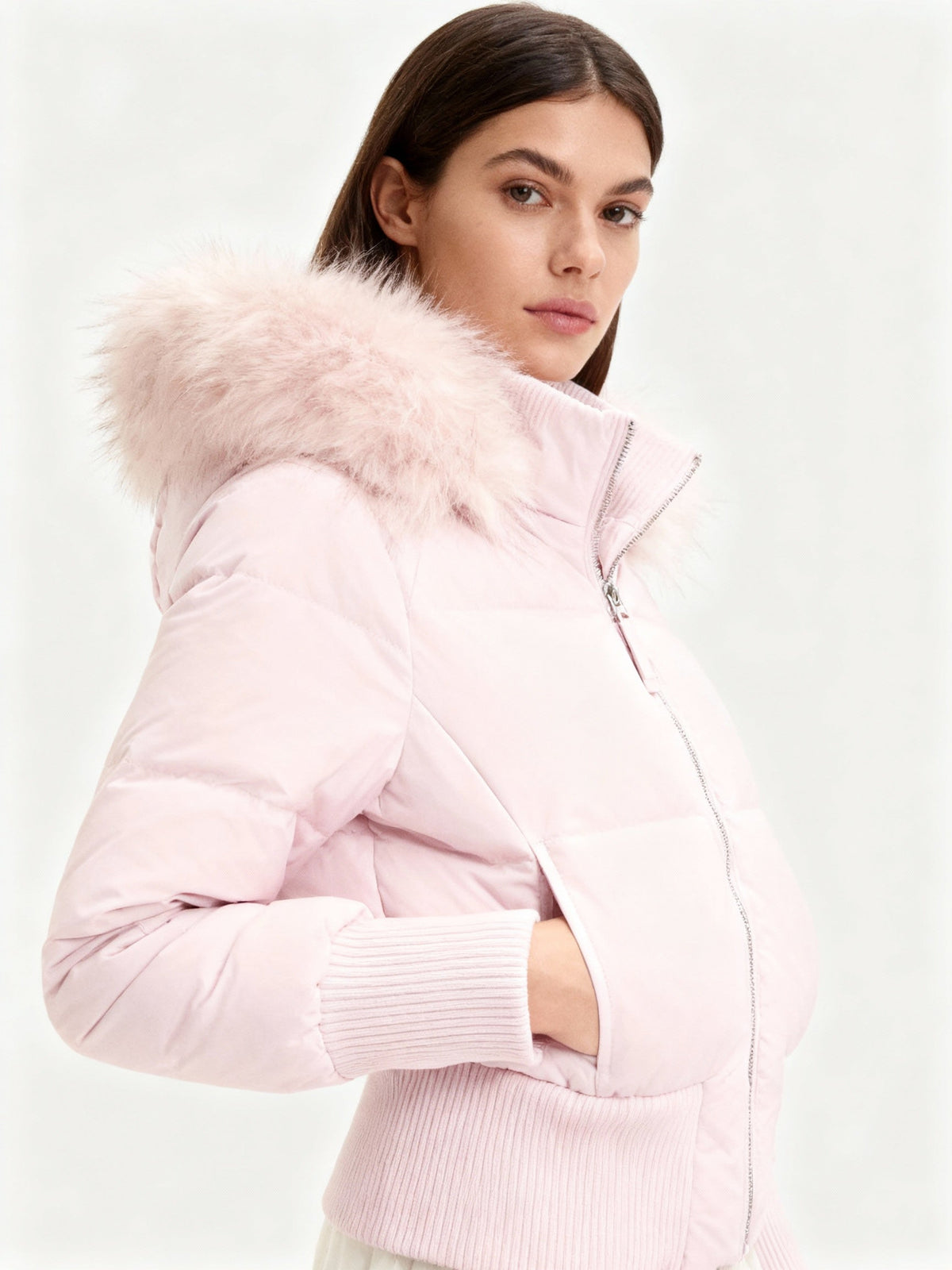 Women's Faux Fur Hooded Cropped Puffer Jacket - Pink