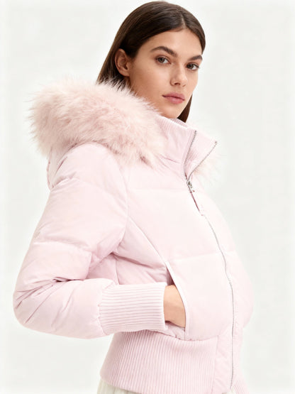Women's Faux Fur Hooded Cropped Puffer Jacket - Pink