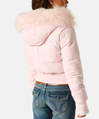 Women's Faux Fur Hooded Cropped Puffer Jacket - Pink