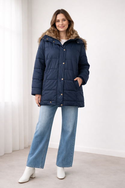 Women's Faux Fur Hooded Quilted Puffer Jacket - Navy