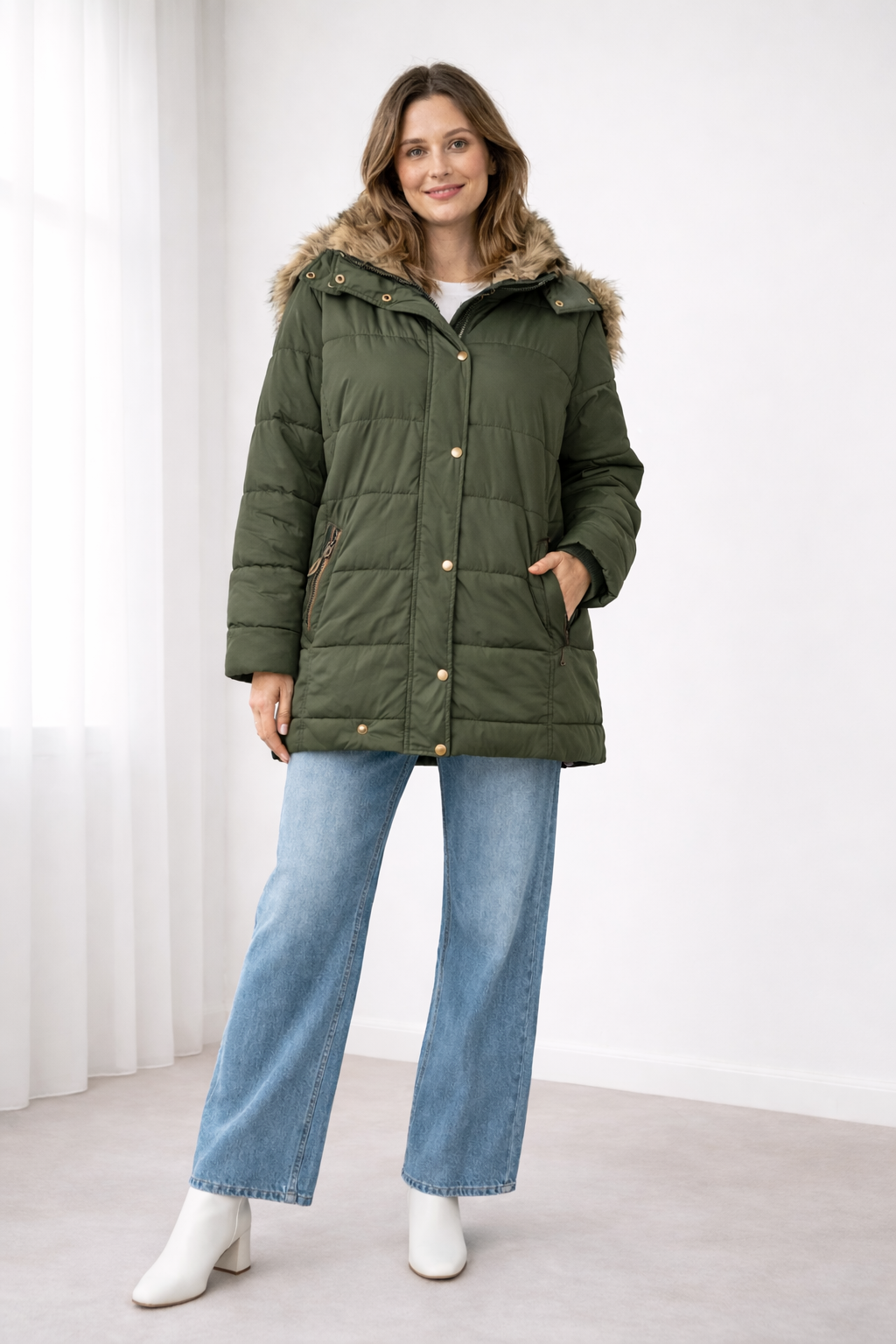 Women's Faux Fur Hooded Quilted Puffer Jacket - Olive Green