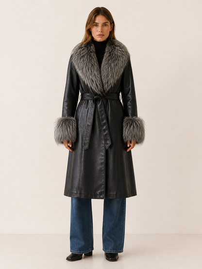 Women's Faux Fur Trim Belted Leather-Look Long Coat - Black