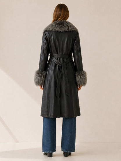 Women's Faux Fur Trim Belted Leather-Look Long Coat - Black