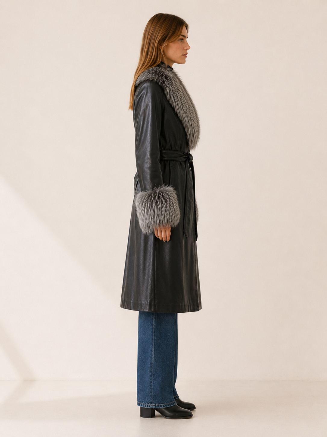 Women's Faux Fur Trim Belted Leather-Look Long Coat - Black