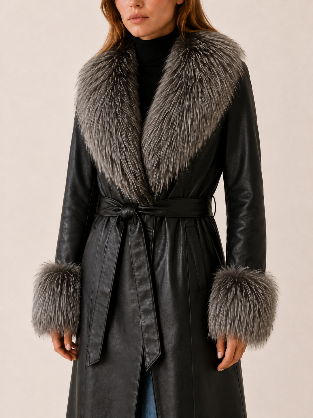 Women's Faux Fur Trim Belted Leather-Look Long Coat - Black