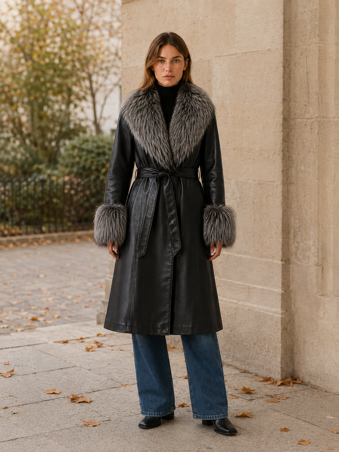 Women's Faux Fur Trim Belted Leather-Look Long Coat - Black