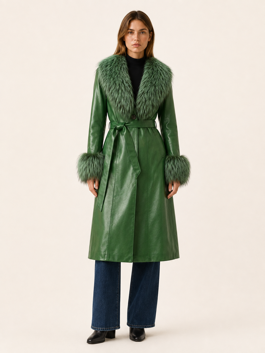 Women's Faux Fur Trim Belted Leather-Look Long Coat - Green