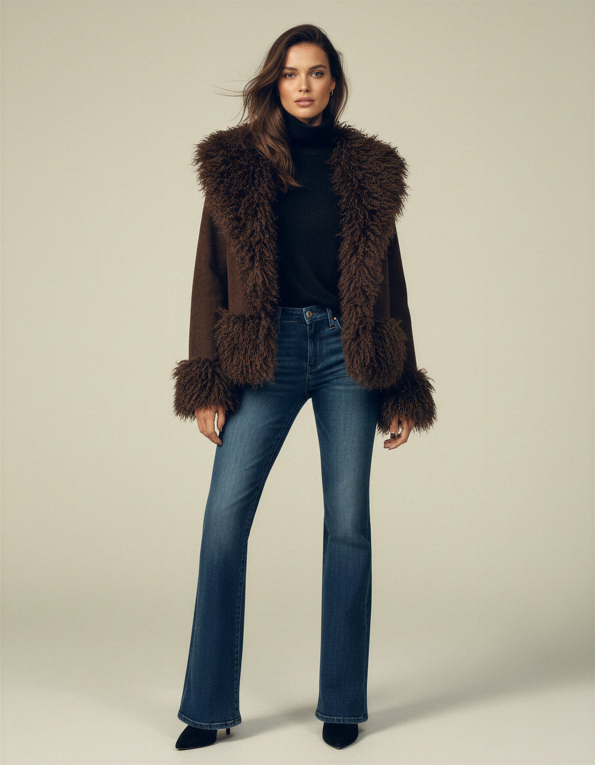 Women's Faux Fur Trim Brown Jacket - Brown