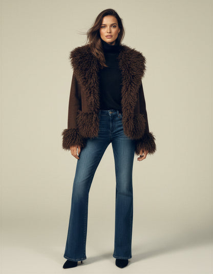 Women's Faux Fur Trim Brown Jacket - Brown