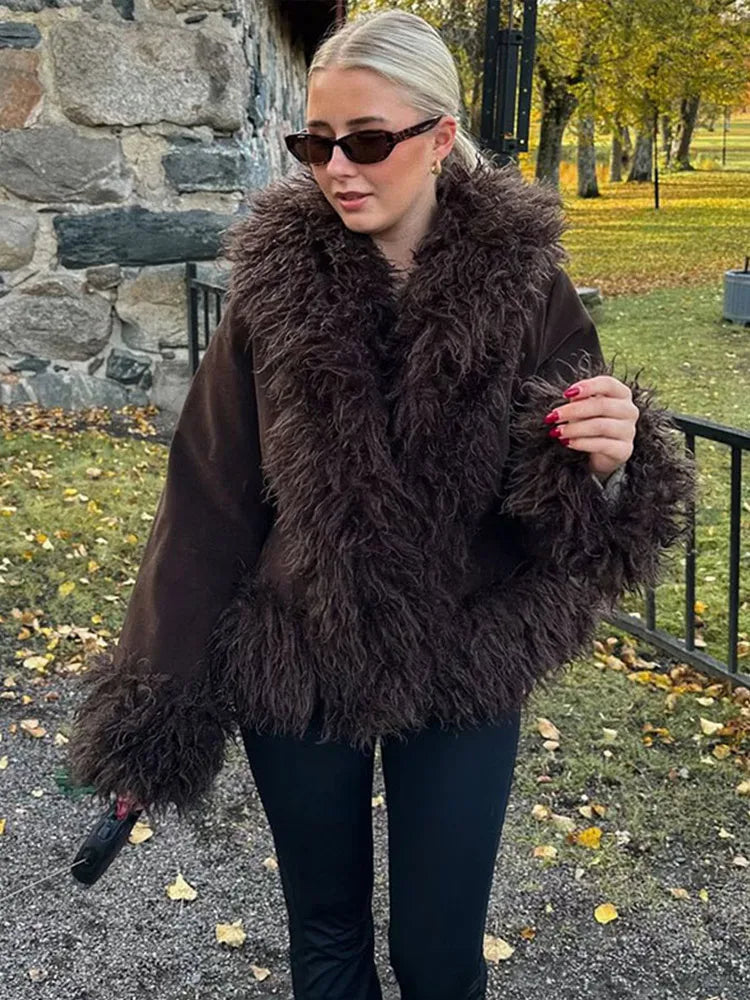 Women's Faux Fur Trim Brown Jacket - Brown