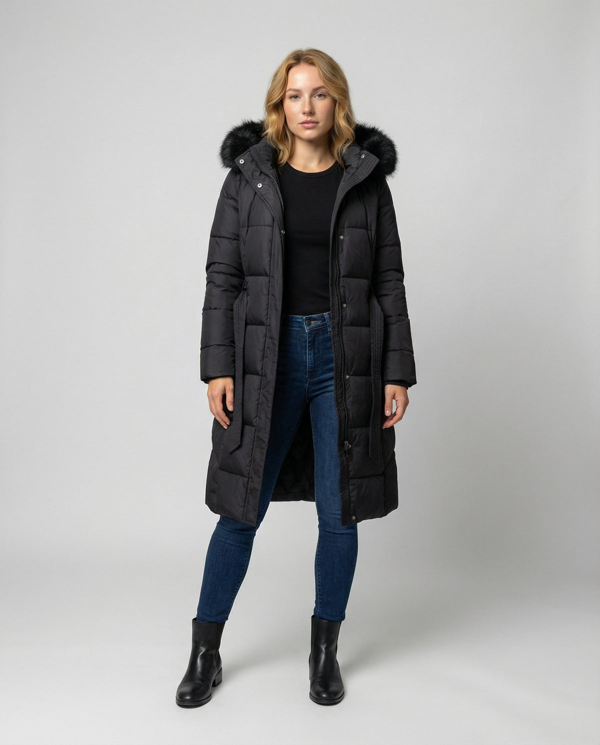 Women's Faux Fur Trim Hooded Belted Winter Puffer Coat - Black