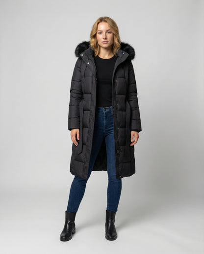 Women's Faux Fur Trim Hooded Belted Winter Puffer Coat - Black