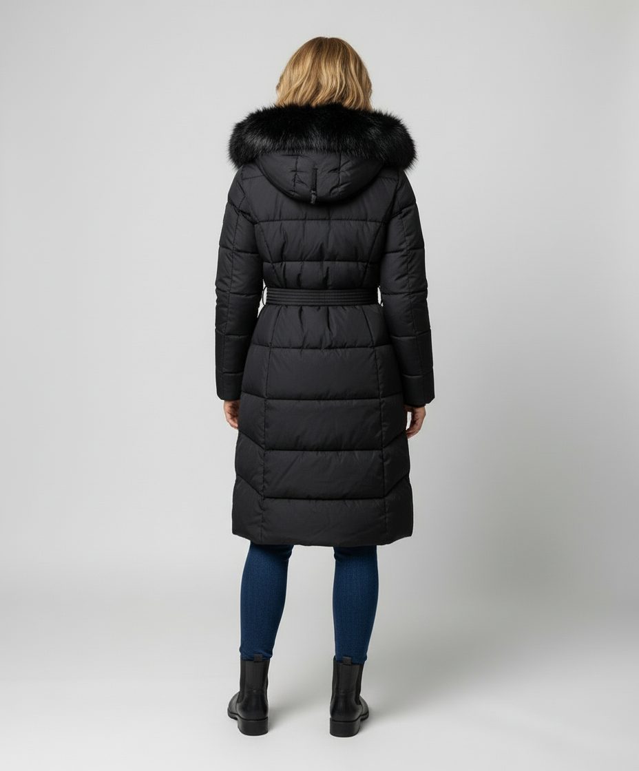 Women's Faux Fur Trim Hooded Belted Winter Puffer Coat - Black