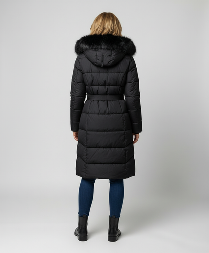 Women's Faux Fur Trim Hooded Belted Winter Puffer Coat - Black