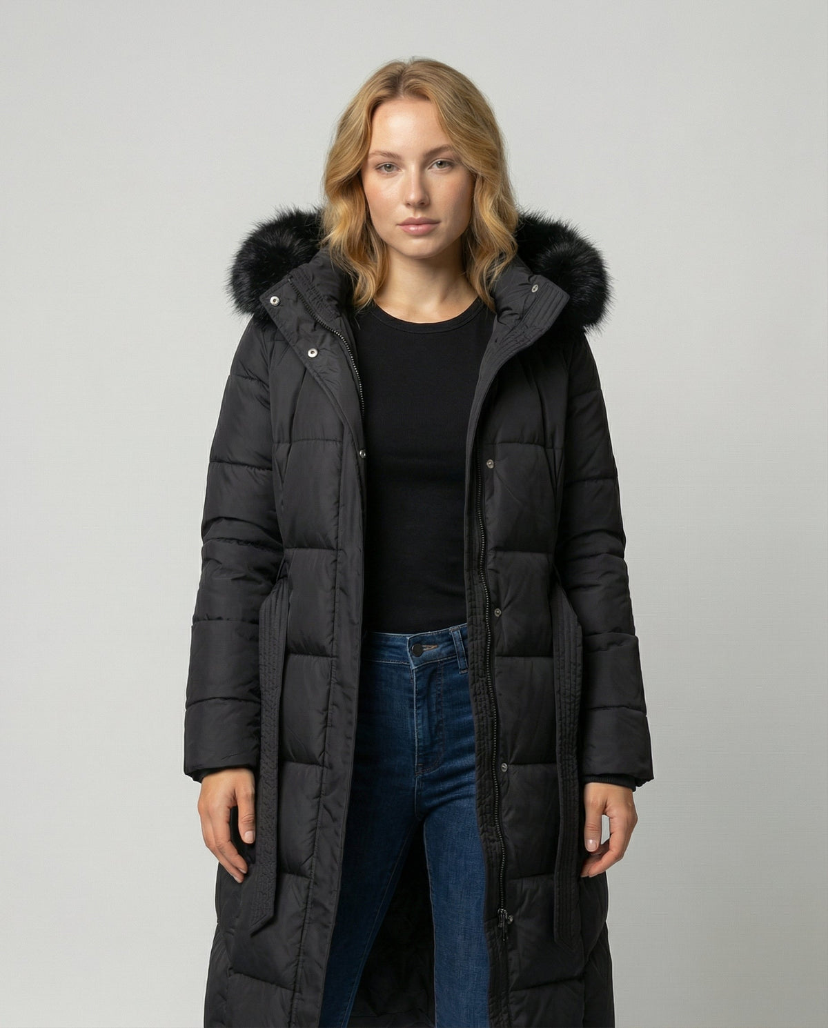 Women's Faux Fur Trim Hooded Belted Winter Puffer Coat - Black