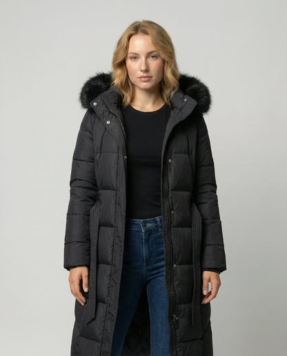 Women's Faux Fur Trim Hooded Belted Winter Puffer Coat - Black