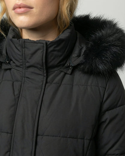 Women's Faux Fur Trim Hooded Belted Winter Puffer Coat - Black