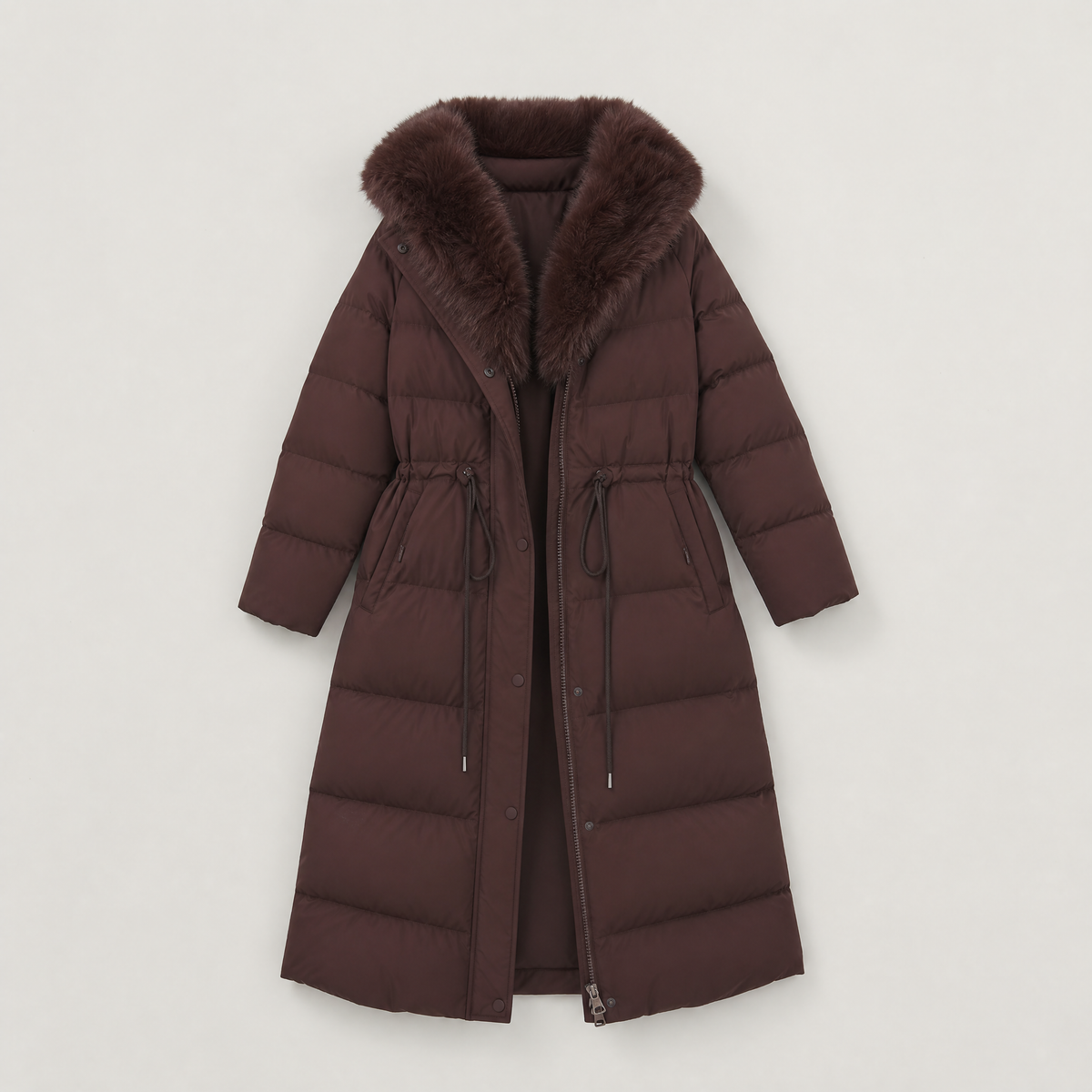 Women's Faux Fur Trim Hooded Winter Puffer Coat - Brown