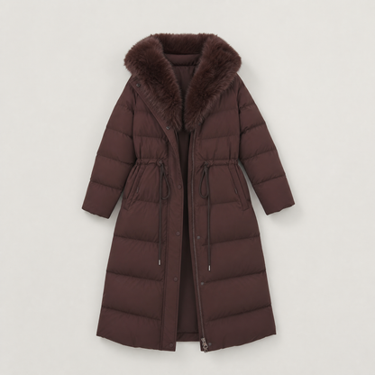 Women's Faux Fur Trim Hooded Winter Puffer Coat - Brown