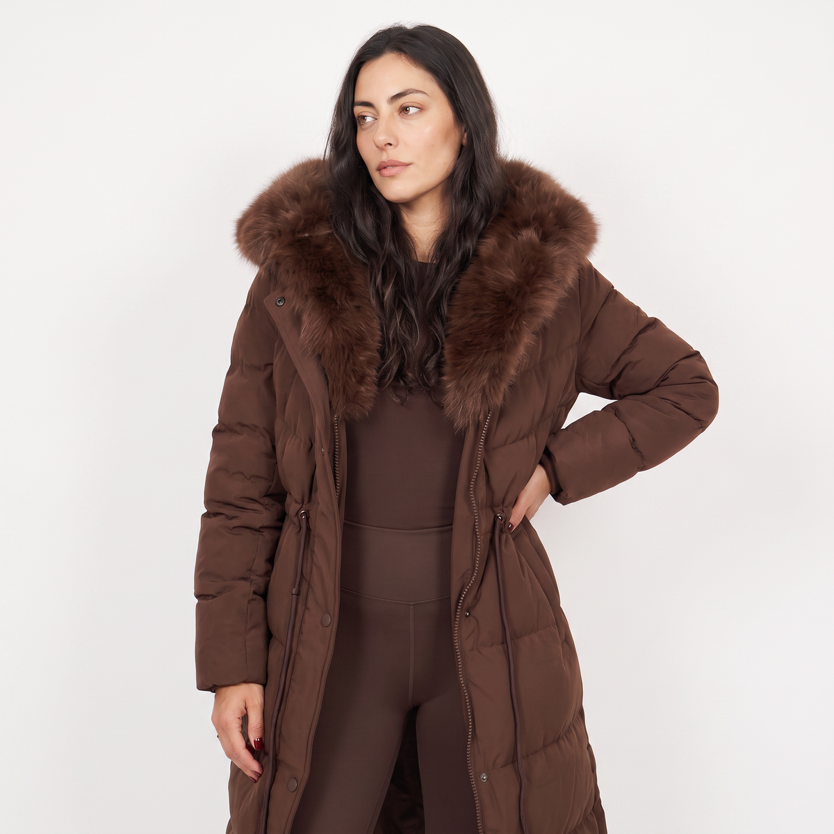 Women's Faux Fur Trim Hooded Winter Puffer Coat - Brown